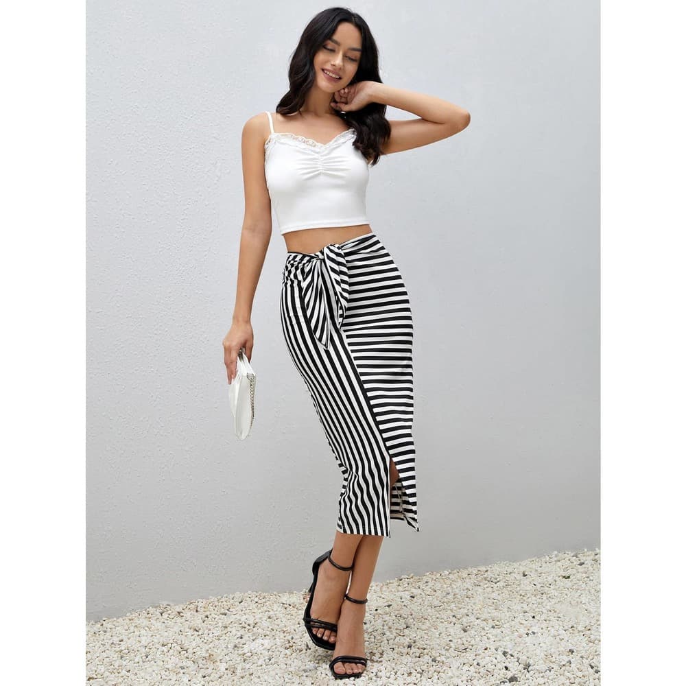 Unity Striped Knot Front Split Hem Skirt - Thumbnail 3