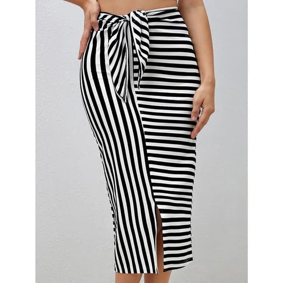 Unity Striped Knot Front Split Hem Skirt - Thumbnail 6