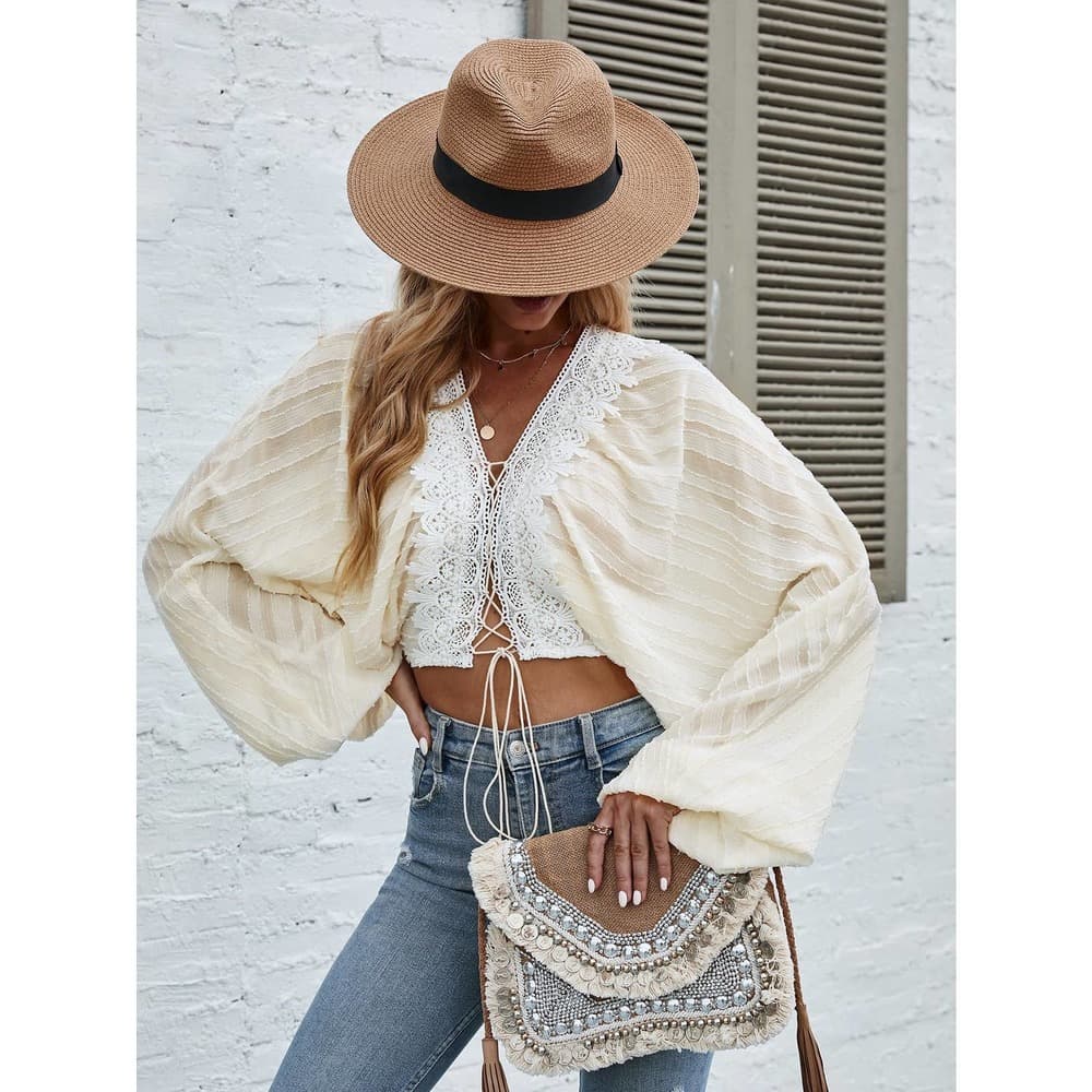 Lantern Sleeve Lace Up Front Crop Blouse - Thumbnail 5