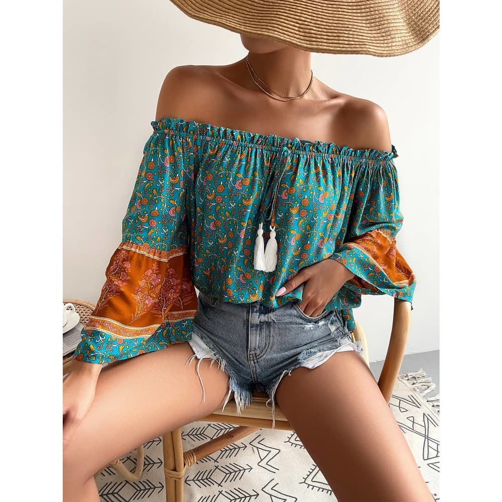 Allover Floral Print Off The Shoulder Tassel Tie Front Blouse - Thumbnail 3