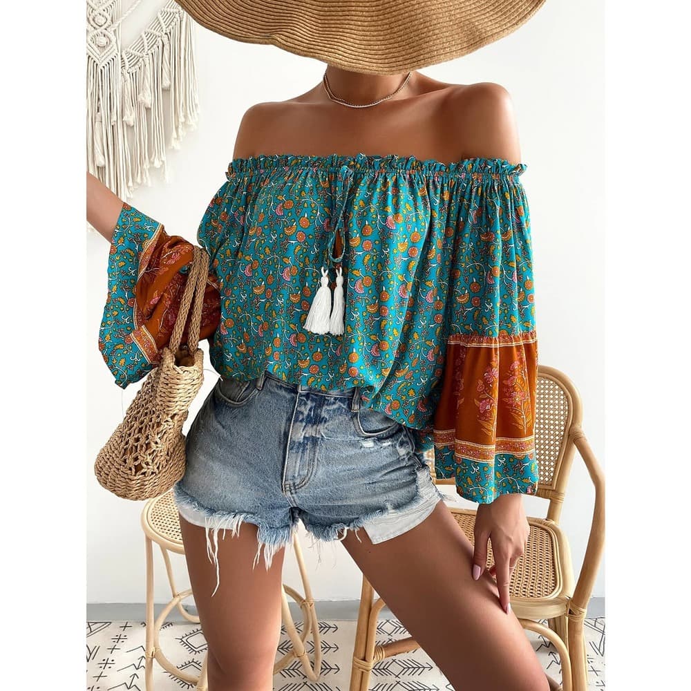 Allover Floral Print Off The Shoulder Tassel Tie Front Blouse - Thumbnail 6