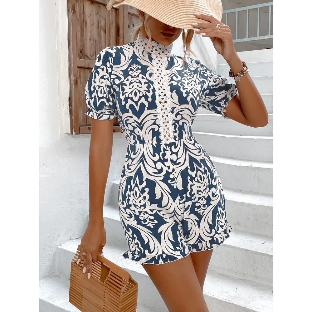 Random Baroque Print Guipure Lace Panel Puff Sleeve Romper - Thumbnail 4