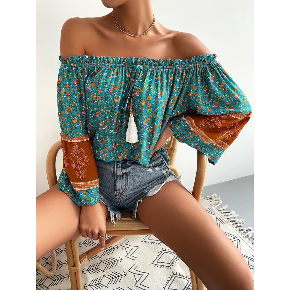 Allover Floral Print Off The Shoulder Tassel Tie Front Blouse - Thumbnail 2