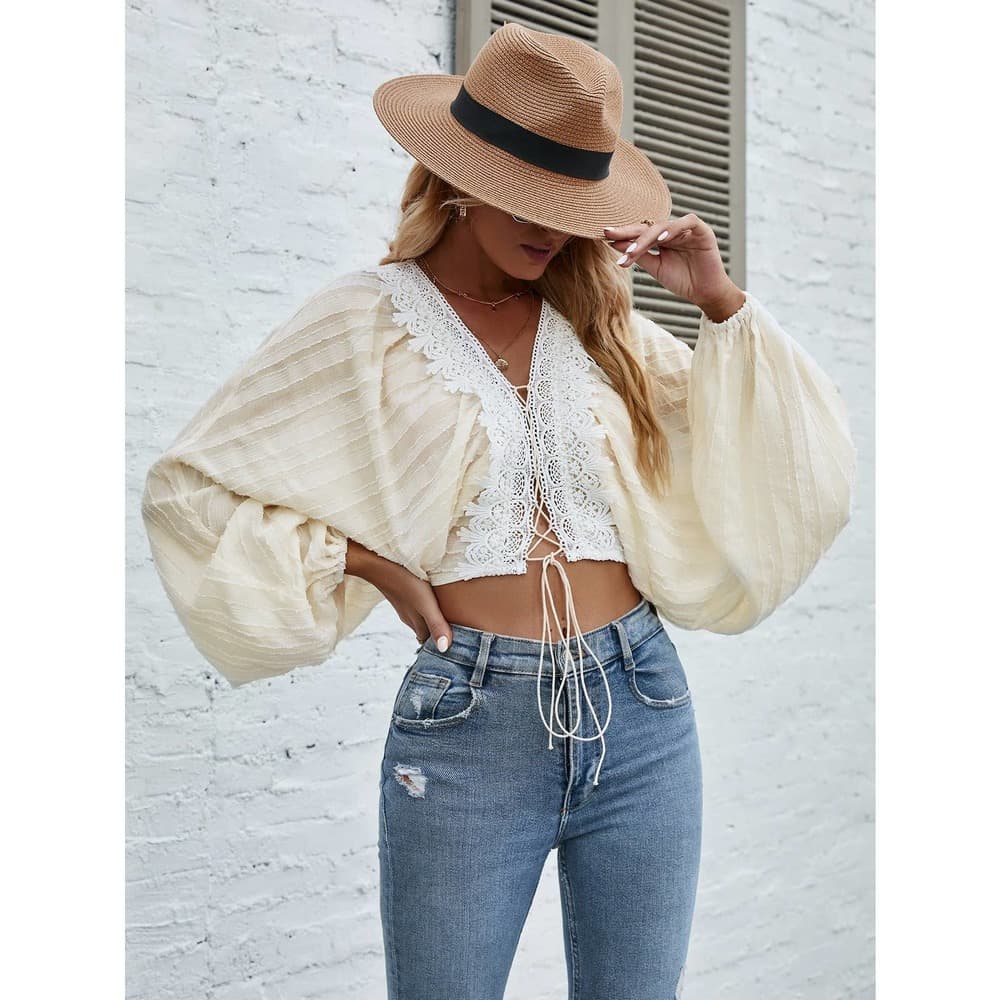 Lantern Sleeve Lace Up Front Crop Blouse - Thumbnail 3