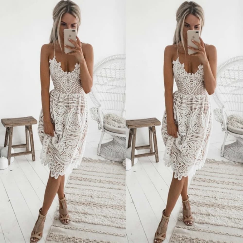 White boho lace criss cross back midi dress - Thumbnail 14