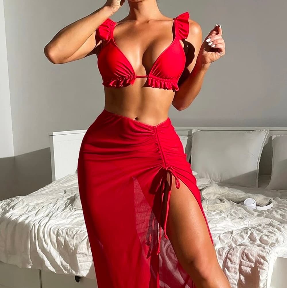 Red 3pack Solid Frill Trim Bikini Swimsuit & Beach Skirt - Thumbnail 5