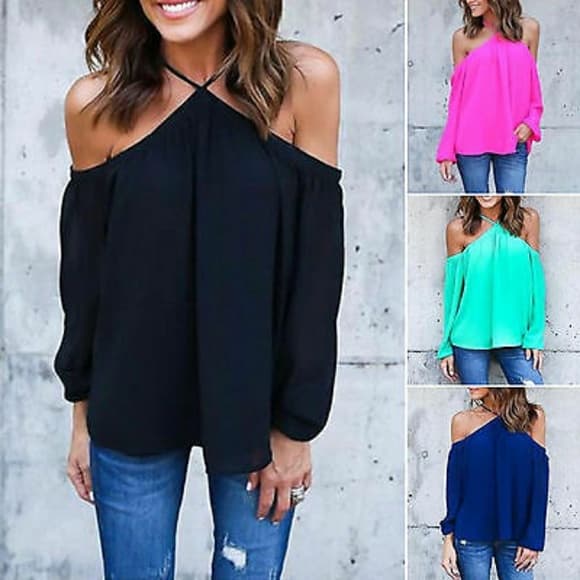 Summer Loose Casual Chiffon Off Shoulder Shirt - Thumbnail 2