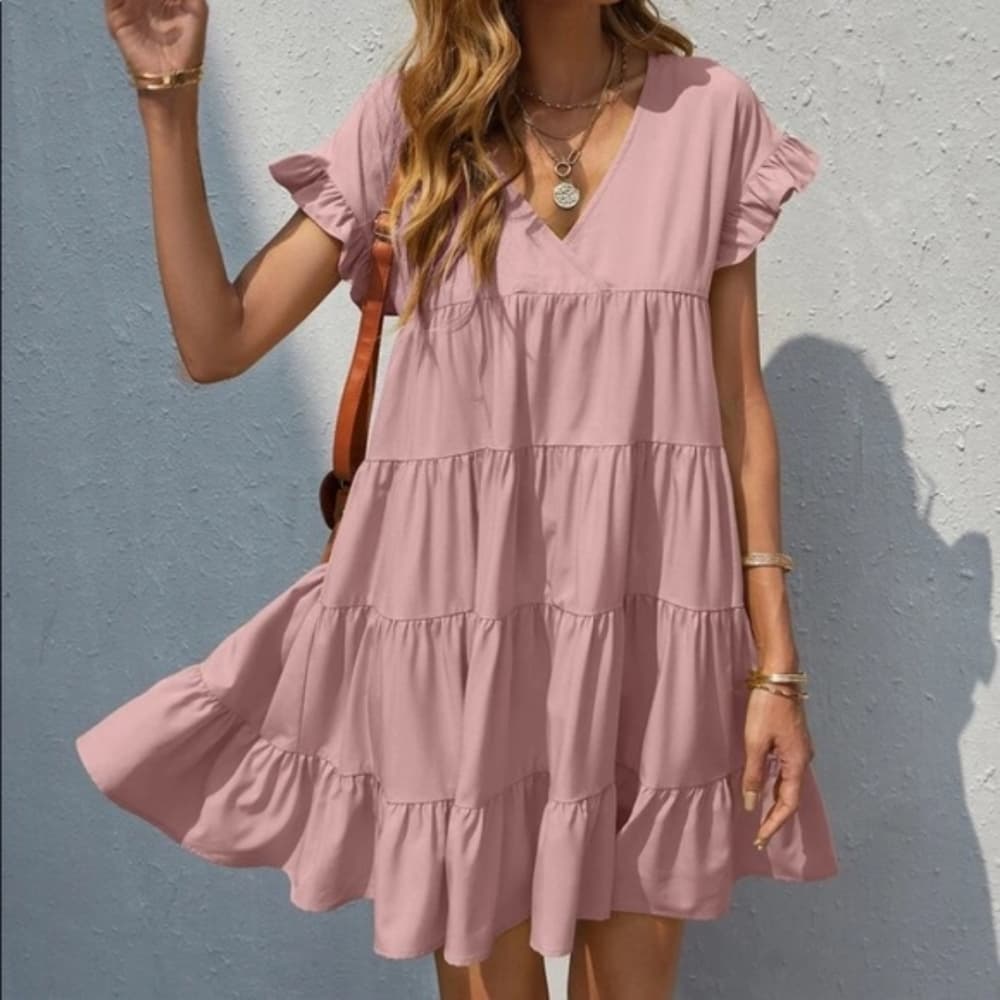 Boho v neck ruffle sleeve smock mini dress black - Thumbnail 12