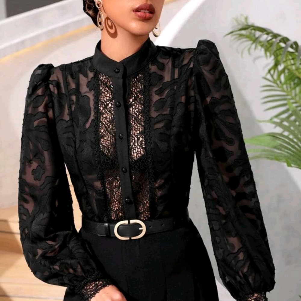 Sexy Gigot Sleeve Cross Wrap Tie Back Blouse - Thumbnail 6