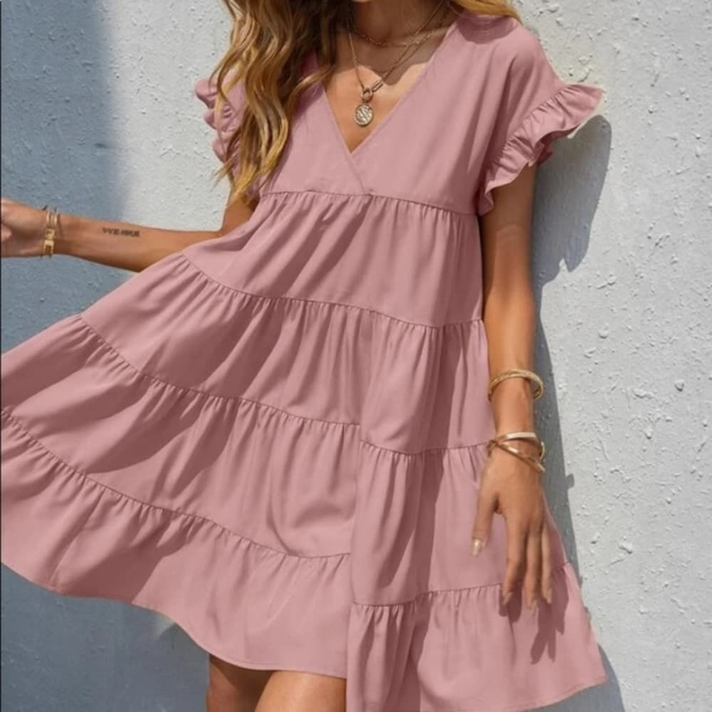 Boho v neck ruffle sleeve smock mini dress black - Thumbnail 10