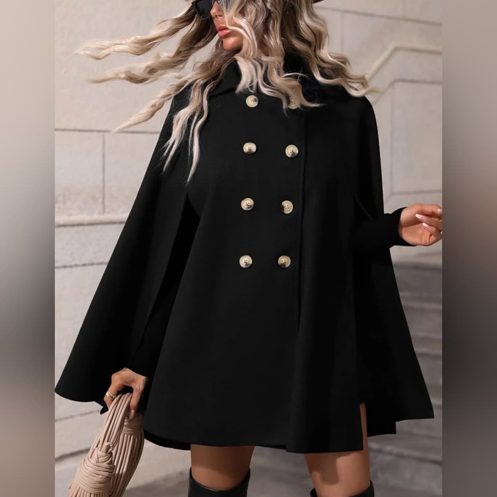 Black Classic Double Breasted Button Cape Jacket Coat - Thumbnail 2