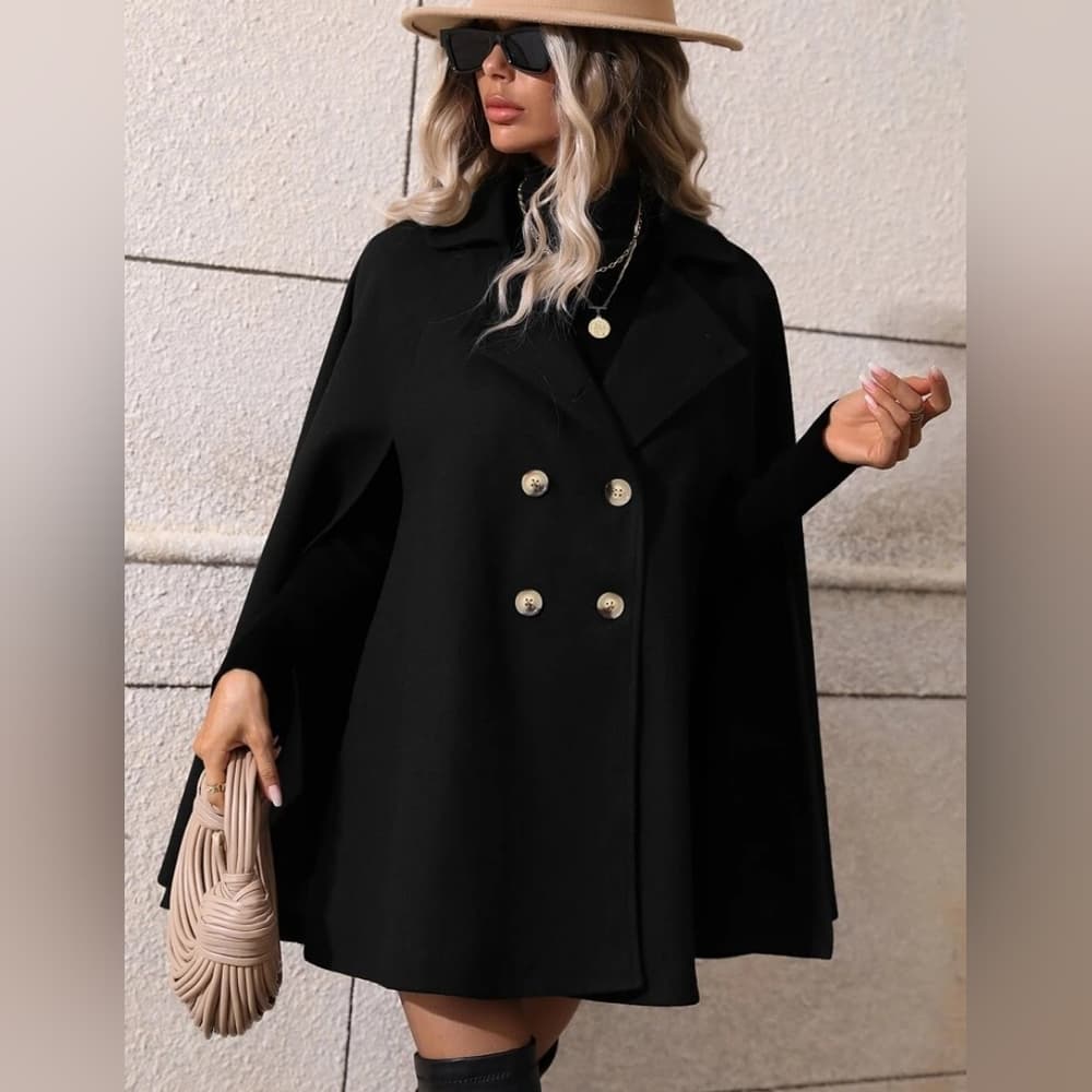 Black Classic Double Breasted Button Cape Jacket Coat - Thumbnail 4
