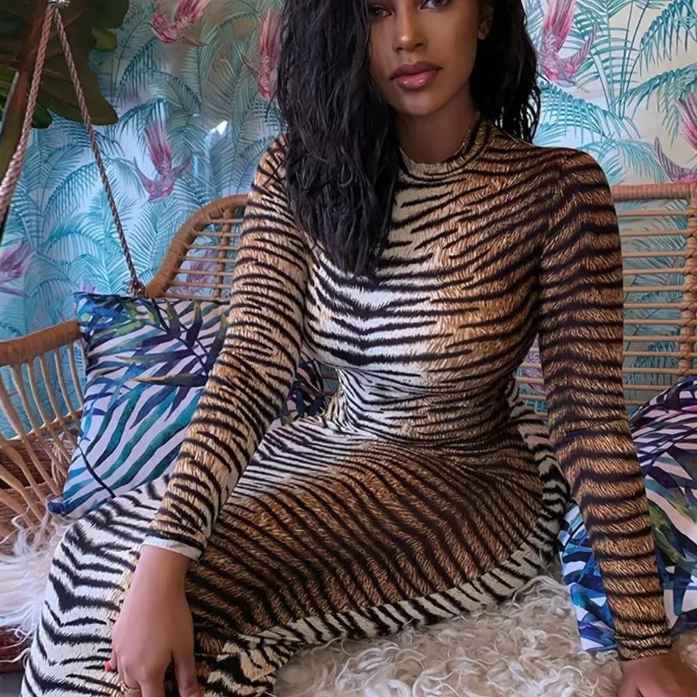 Leopard Beauty Striped Beauty Bodycon Dress - Thumbnail 3