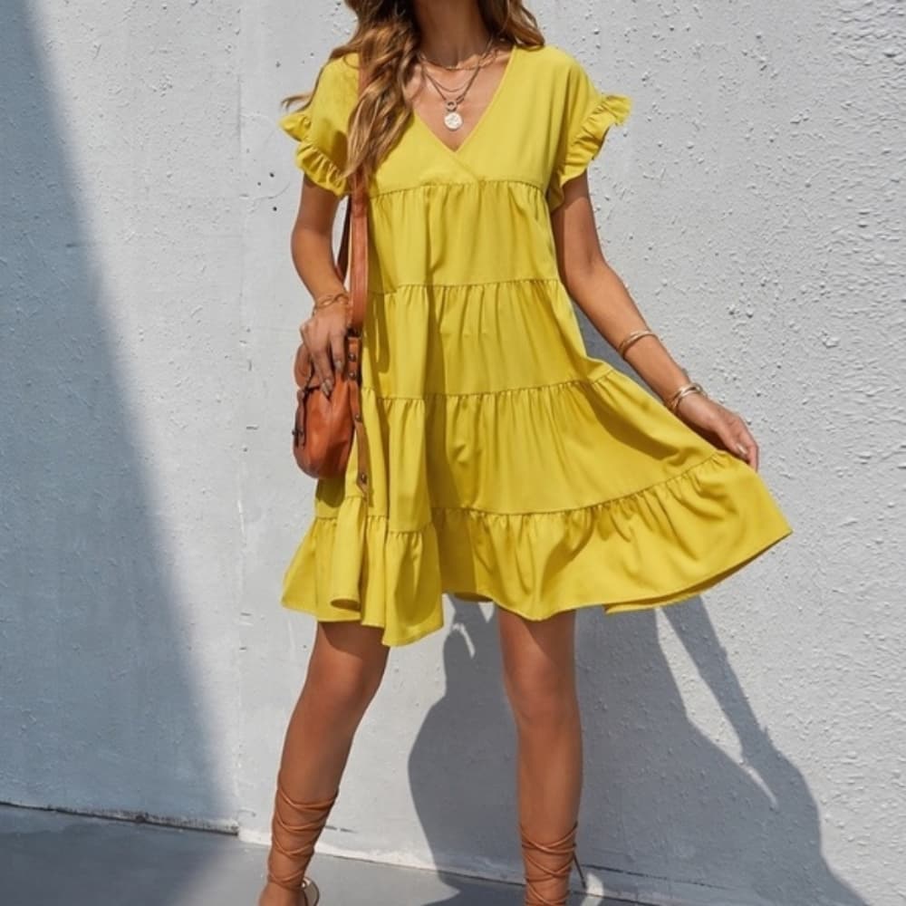 Boho v neck ruffle sleeve smock mini dress black - Thumbnail 5