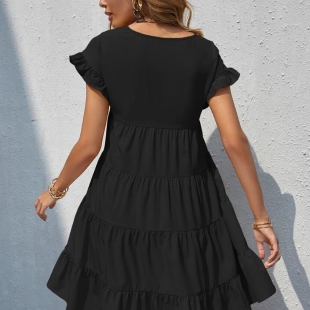 Boho v neck ruffle sleeve smock mini dress black - Thumbnail 2