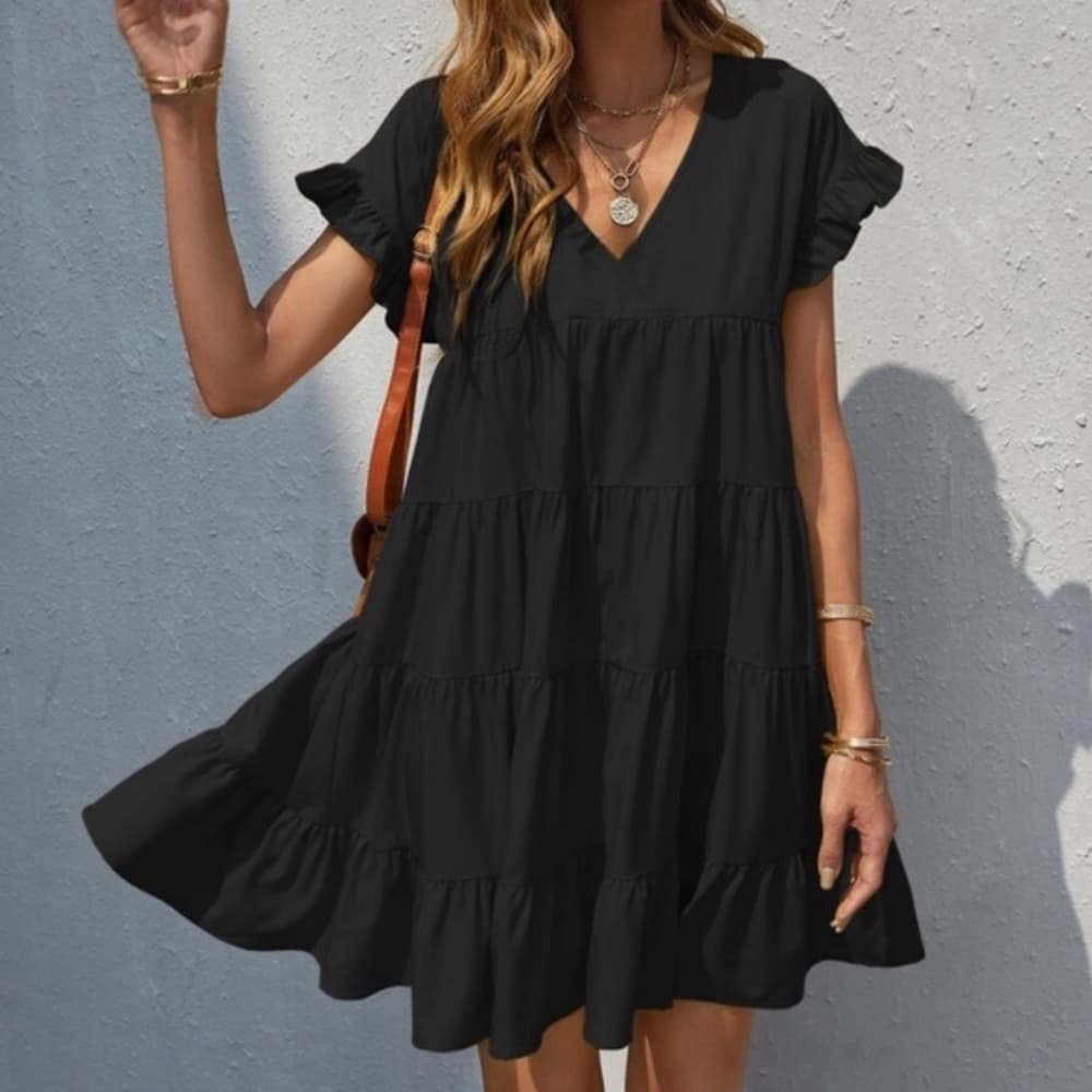 Boho v neck ruffle sleeve smock mini dress black - Thumbnail 13