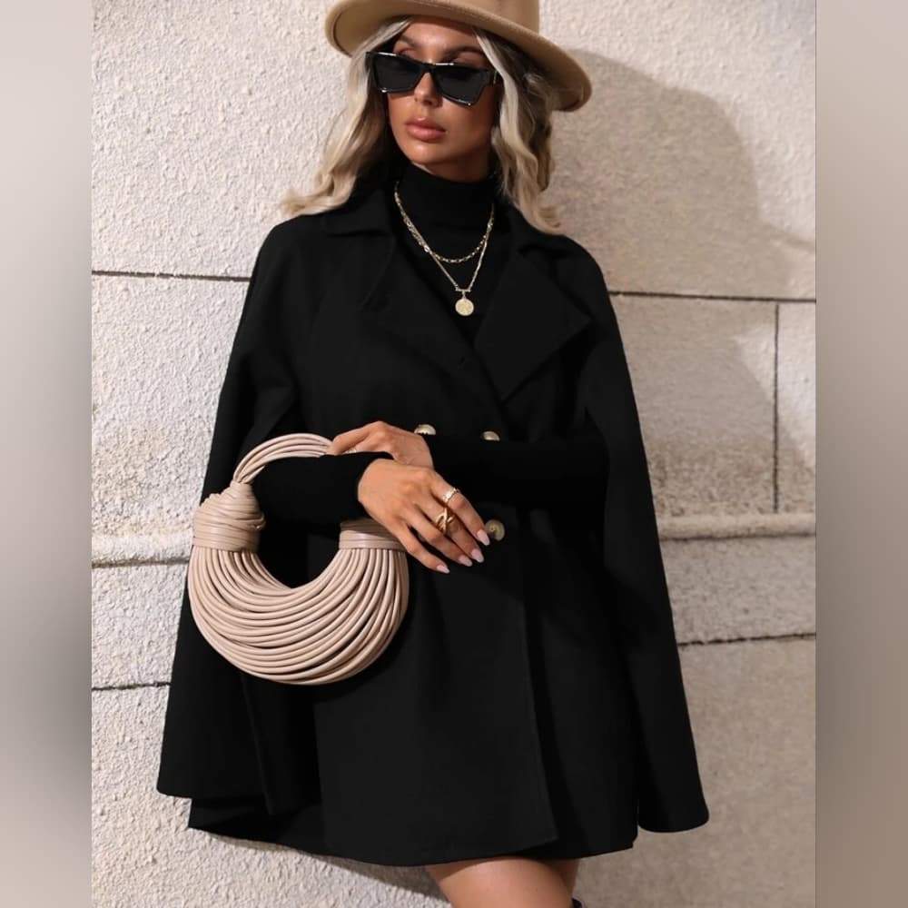 Black Classic Double Breasted Button Cape Jacket Coat - Thumbnail 3