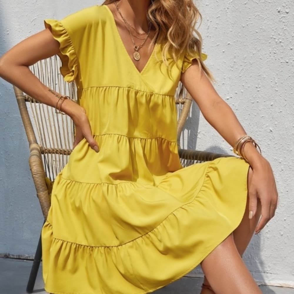 Boho v neck ruffle sleeve smock mini dress black - Thumbnail 4