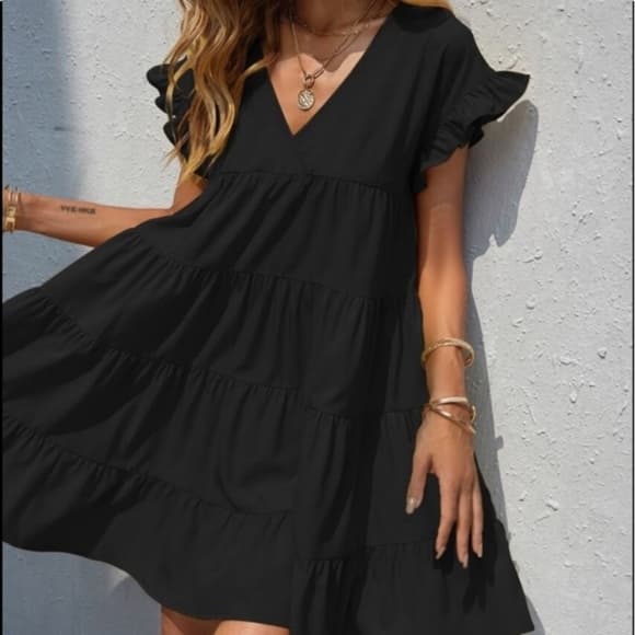 Boho v neck ruffle sleeve smock mini dress black - Thumbnail 15