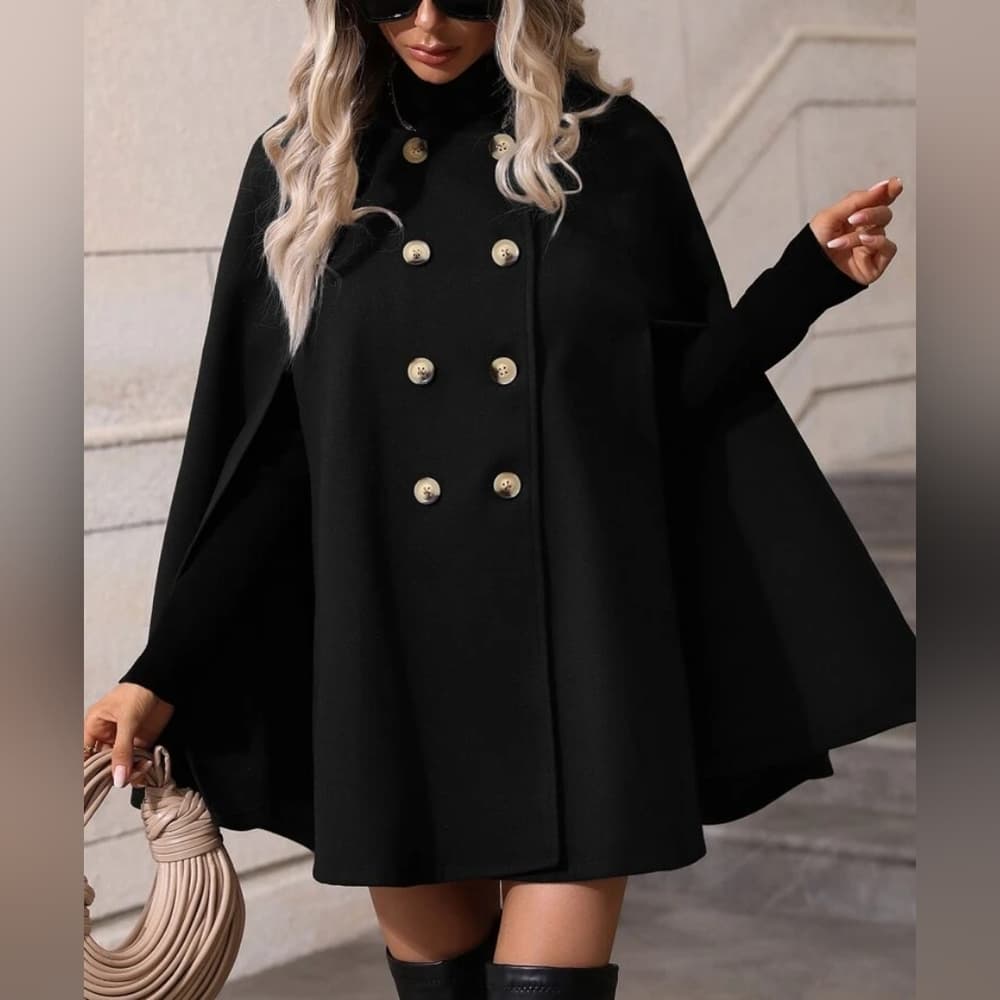 Black Classic Double Breasted Button Cape Jacket Coat