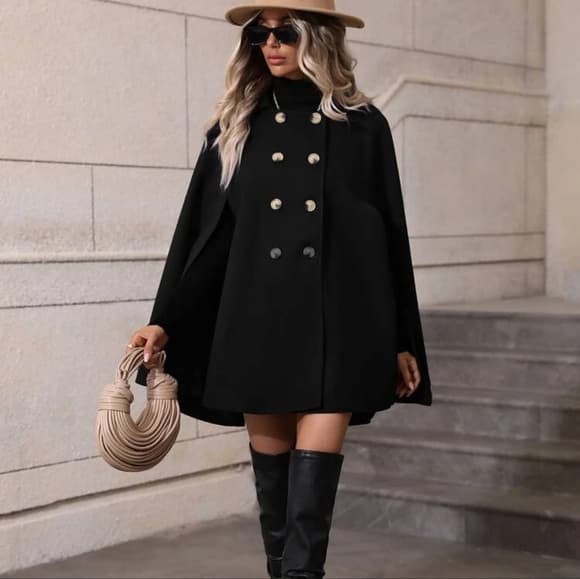 Black Classic Double Breasted Button Cape Jacket Coat - Thumbnail 7