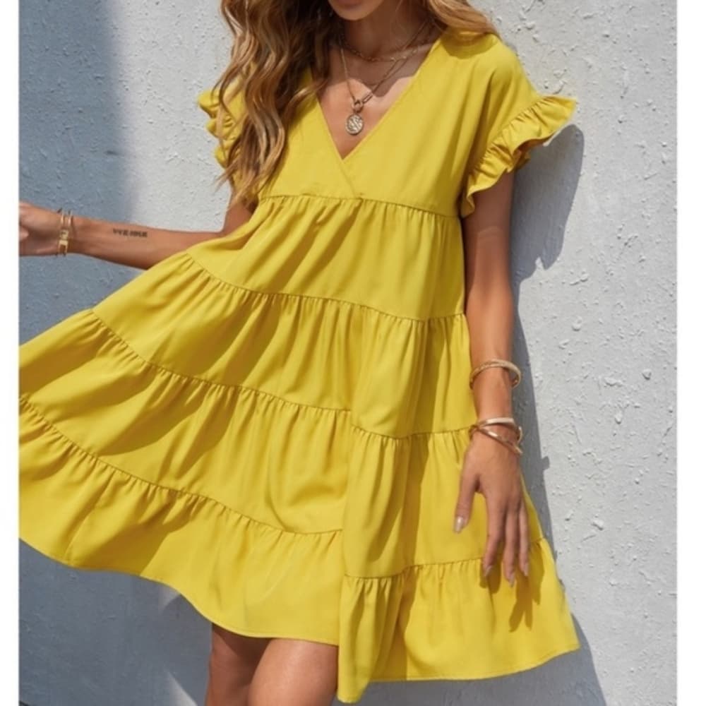 Boho v neck ruffle sleeve smock mini dress black - Thumbnail 3
