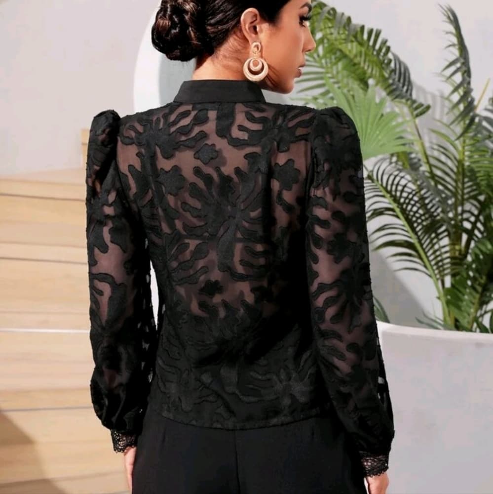 Sexy Gigot Sleeve Cross Wrap Tie Back Blouse - Thumbnail 3