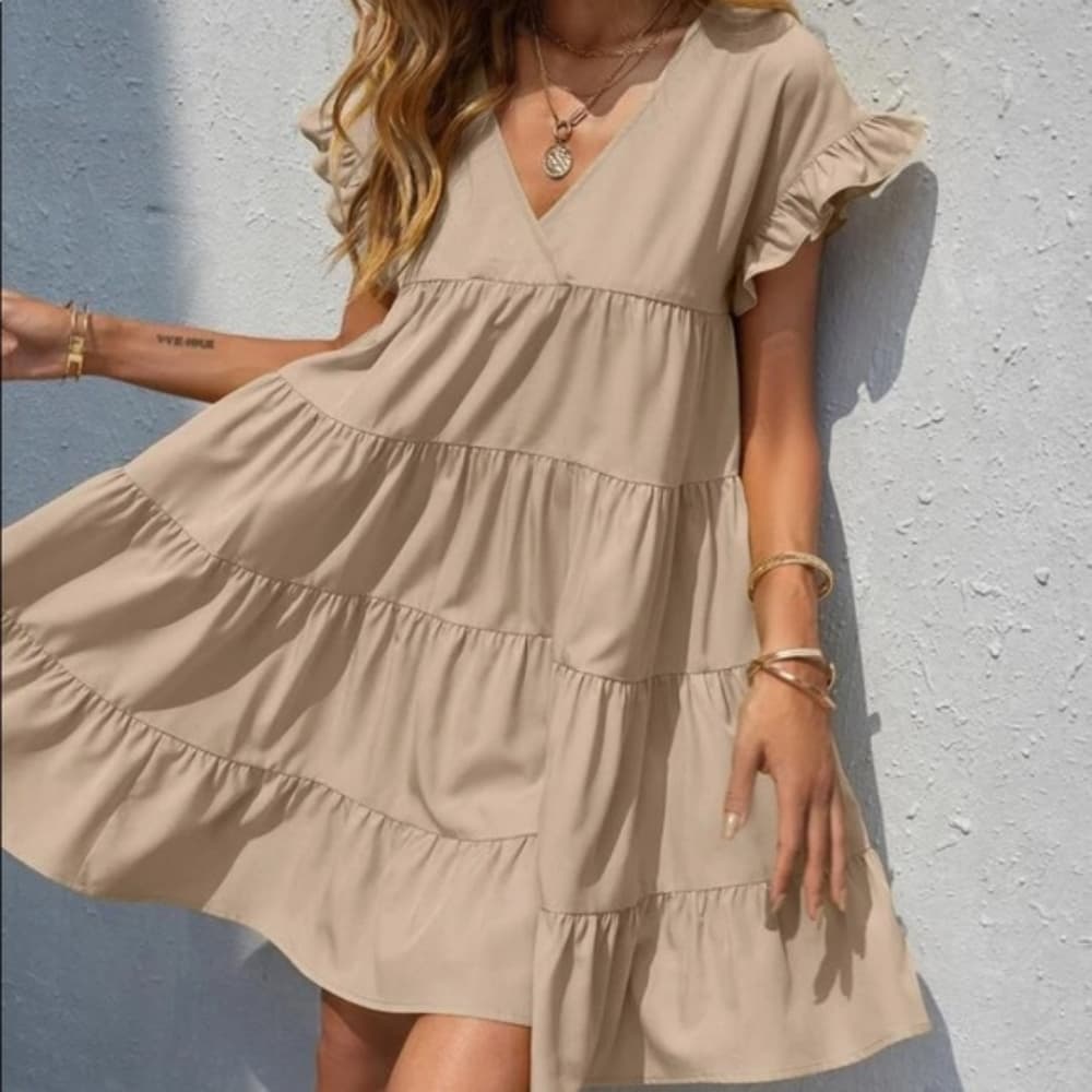 Boho v neck ruffle sleeve smock mini dress black - Thumbnail 8