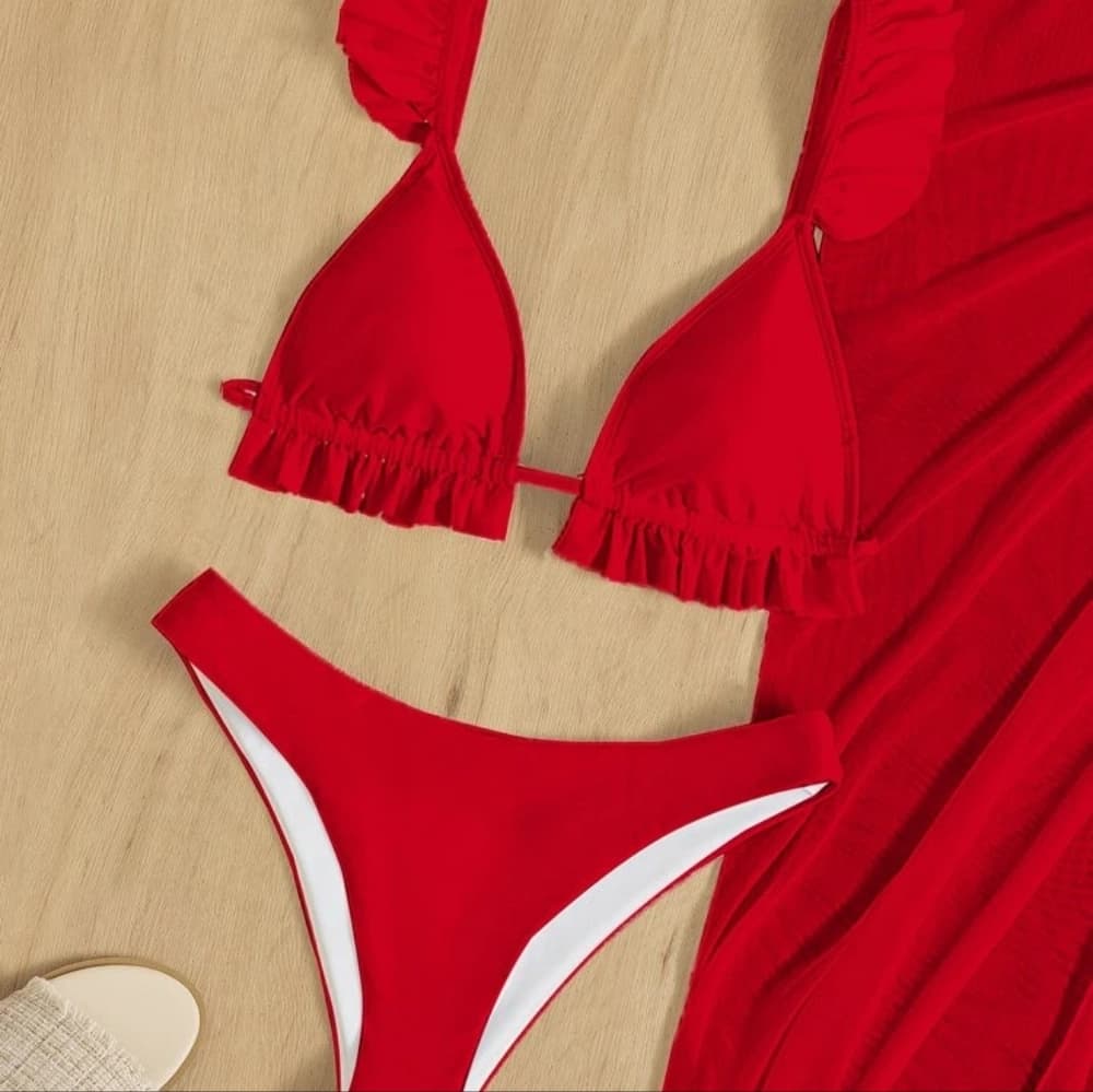 Red 3pack Solid Frill Trim Bikini Swimsuit & Beach Skirt - Thumbnail 2