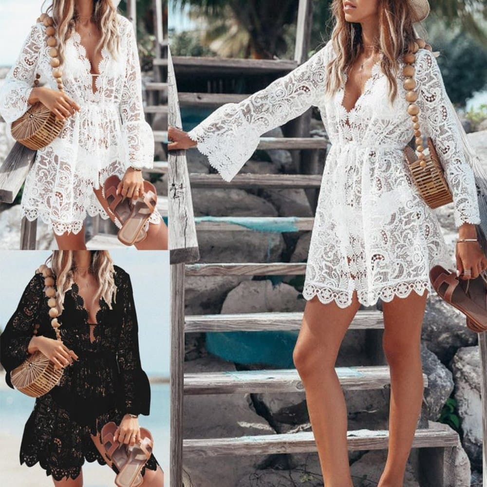 Short Dress Lace Floral Crochet - Thumbnail 4