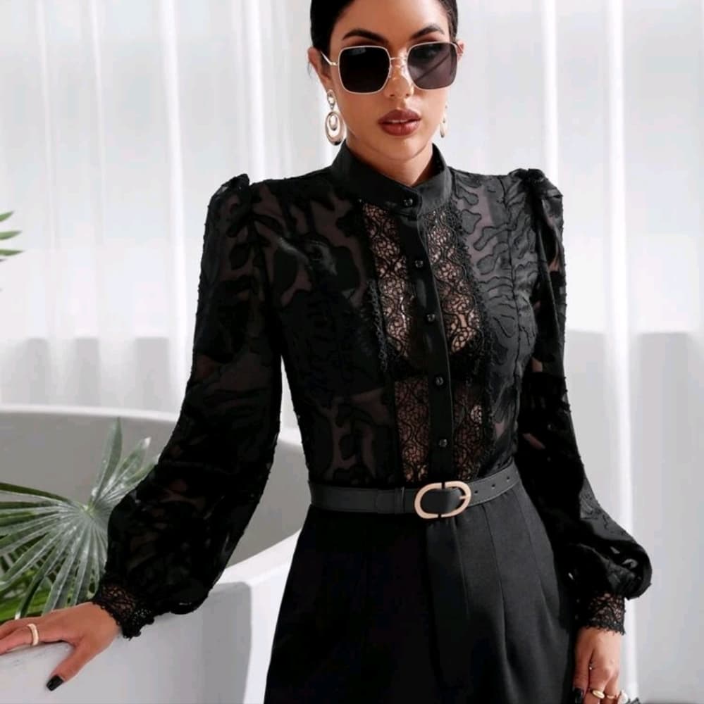 Sexy Gigot Sleeve Cross Wrap Tie Back Blouse - Thumbnail 2