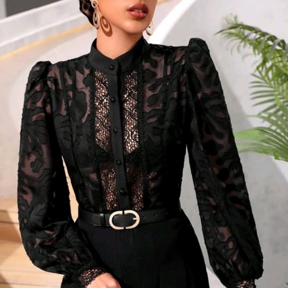 Sexy Gigot Sleeve Cross Wrap Tie Back Blouse - Thumbnail 7