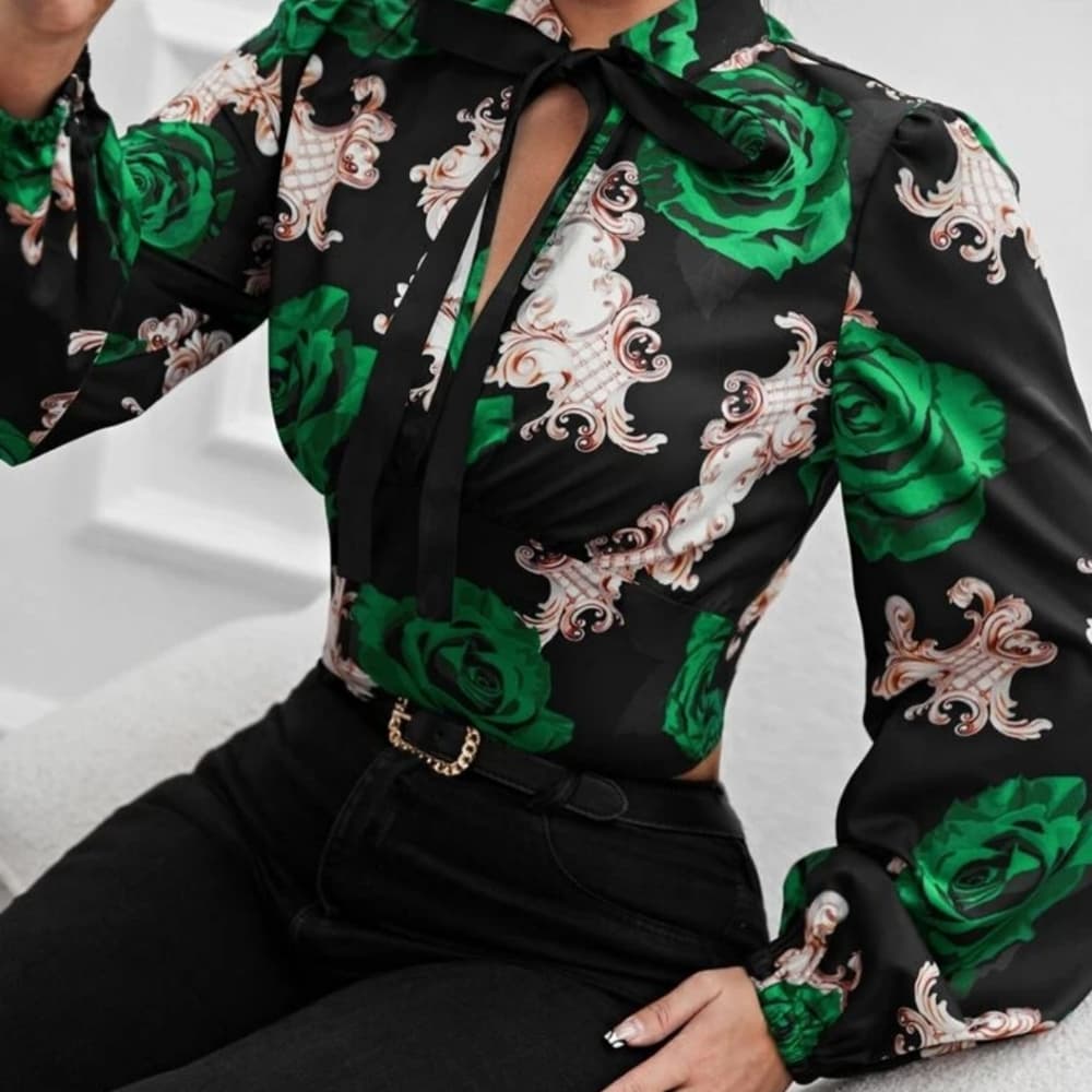 Green Black Floral Print Lantern Sleeve Tie Neck Blouse - Thumbnail 4