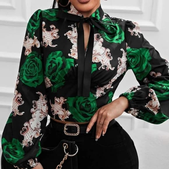 Green Black Floral Print Lantern Sleeve Tie Neck Blouse - Thumbnail 7