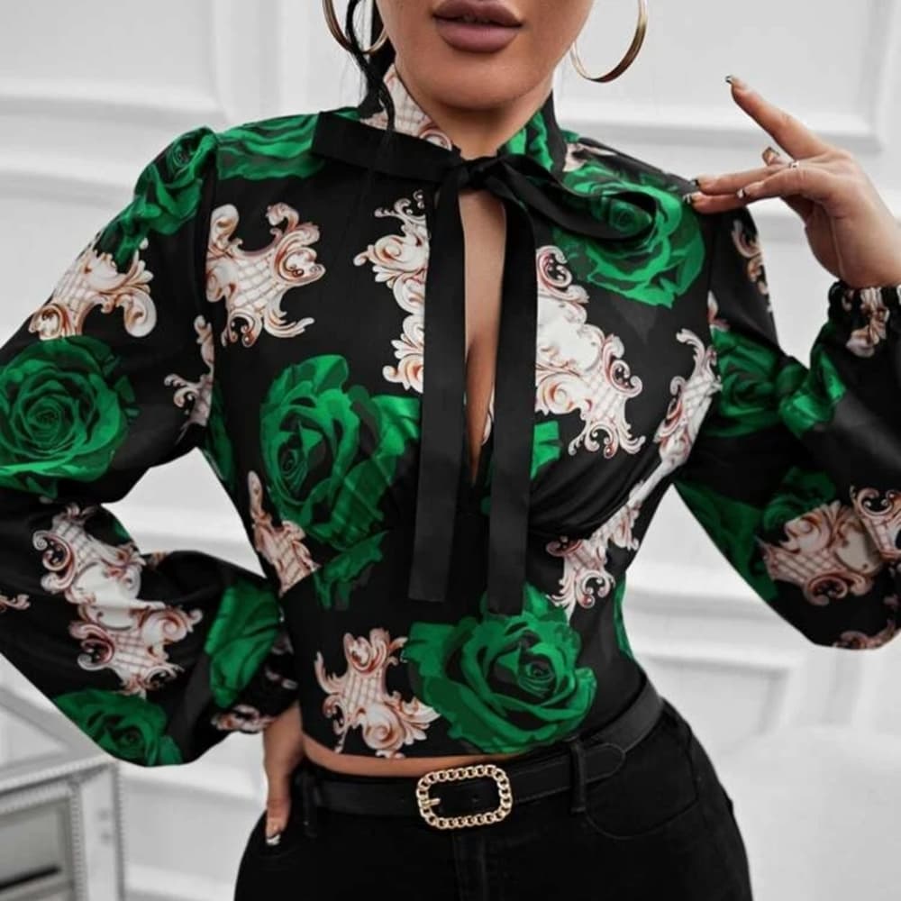 Green Black Floral Print Lantern Sleeve Tie Neck Blouse - Thumbnail 5