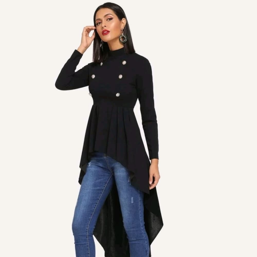 Black Mock Neck Double Breasted Dip Hem Peplum Top - Thumbnail 2