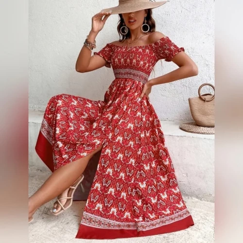 Red Boho Beauty Floral Off Shoulder Dress - Thumbnail 5