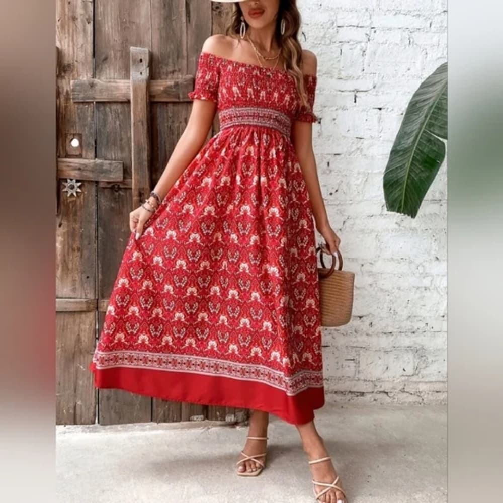 Red Boho Beauty Floral Off Shoulder Dress - Thumbnail 4