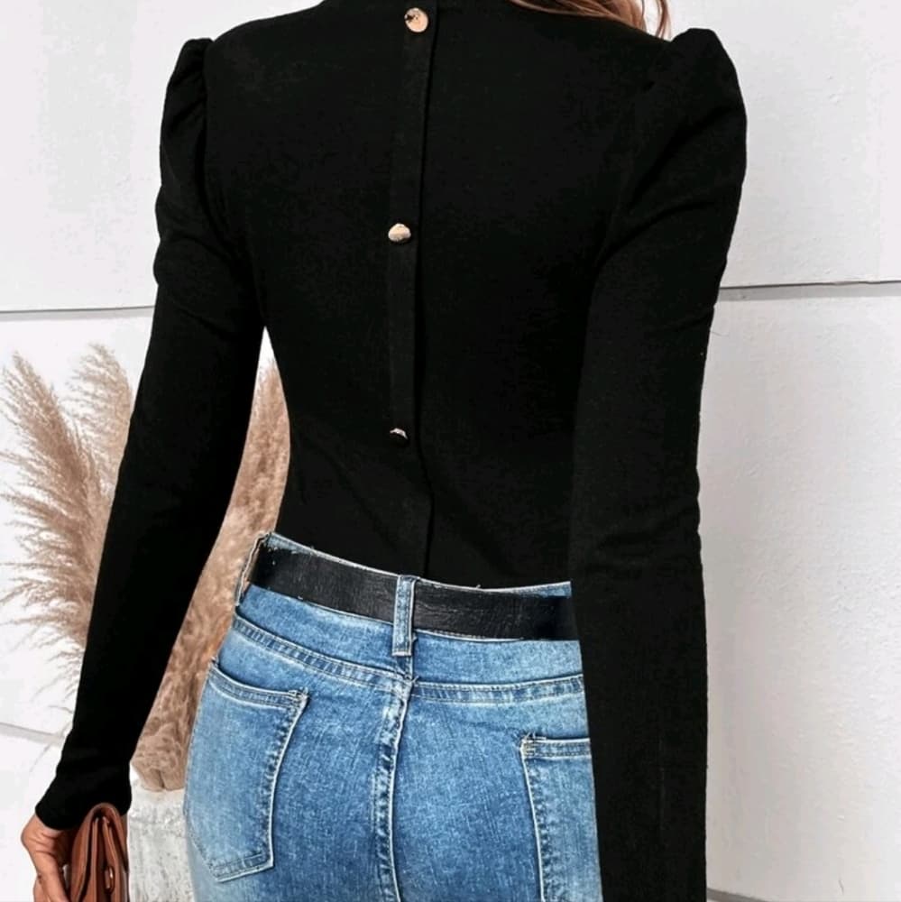 Black Mock Neck Puff Sleeve Button Back Tee - Thumbnail 2