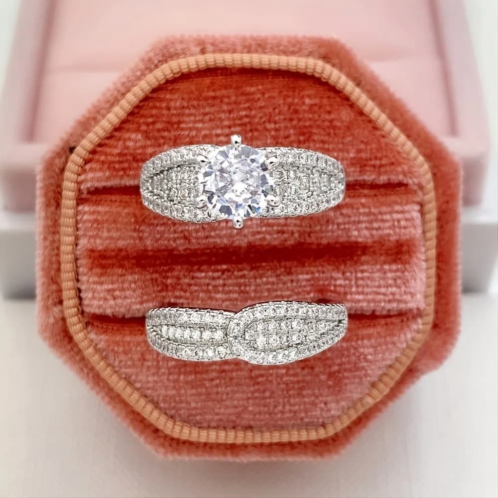 925 Silver Plated Bridal Wedding Ring Zicron Ring Engagement - Thumbnail 3