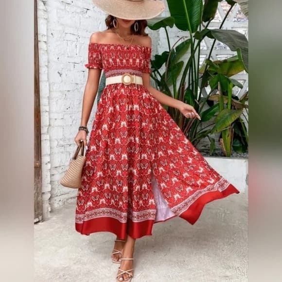 Red Boho Beauty Floral Off Shoulder Dress - Thumbnail 7