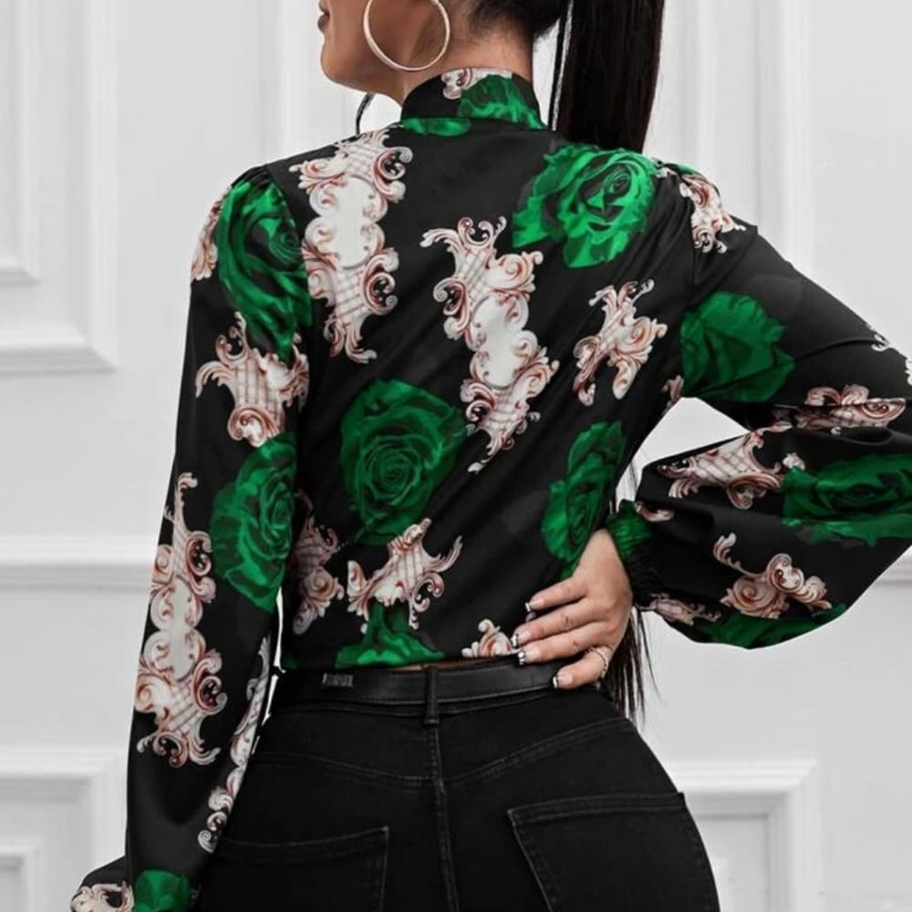 Green Black Floral Print Lantern Sleeve Tie Neck Blouse - Thumbnail 3