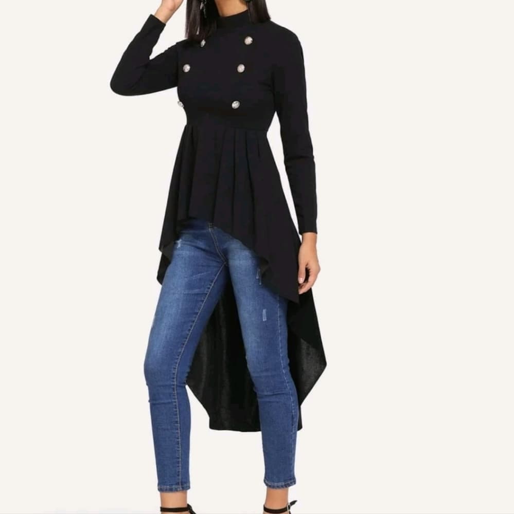 Black Mock Neck Double Breasted Dip Hem Peplum Top - Thumbnail 4