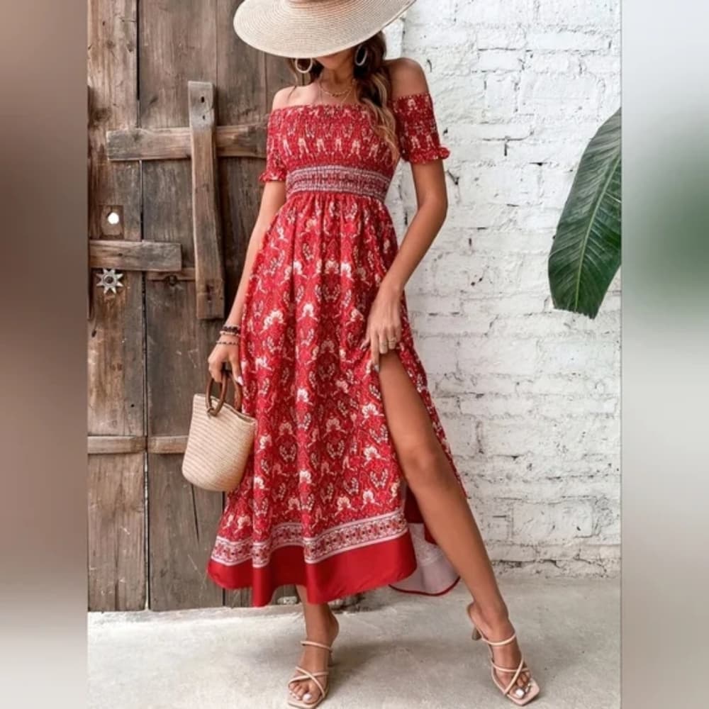 Red Boho Beauty Floral Off Shoulder Dress - Thumbnail 2