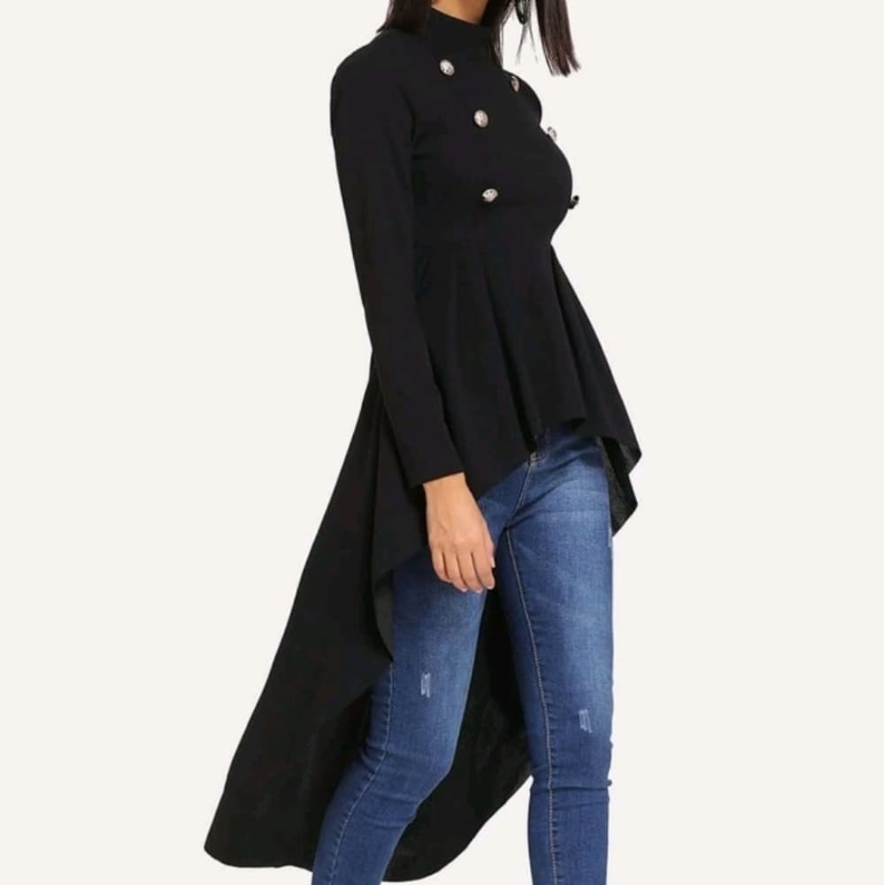 Black Mock Neck Double Breasted Dip Hem Peplum Top - Thumbnail 5
