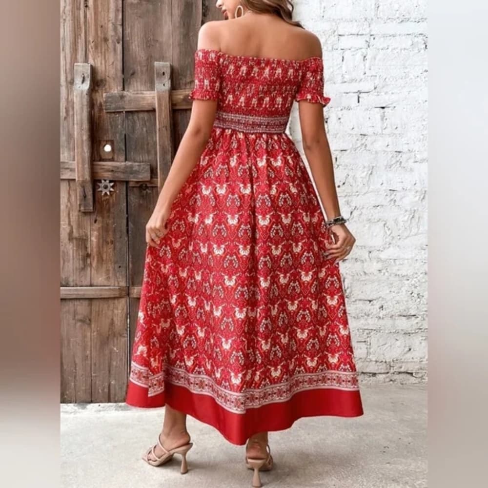 Red Boho Beauty Floral Off Shoulder Dress - Thumbnail 3