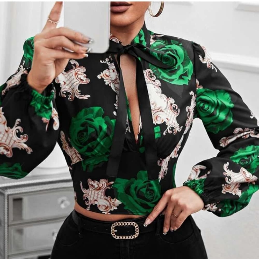 Green Black Floral Print Lantern Sleeve Tie Neck Blouse - Thumbnail 2