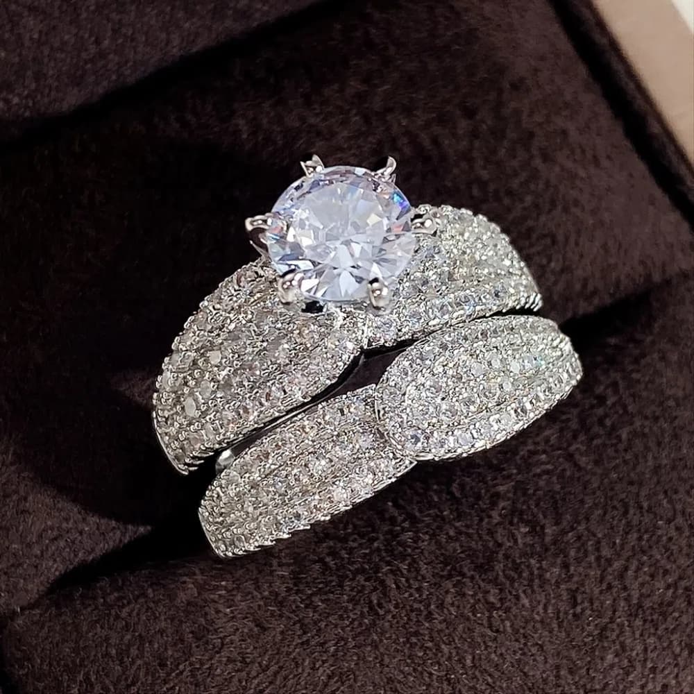 925 Silver Plated Bridal Wedding Ring Zicron Ring Engagement - Thumbnail 2
