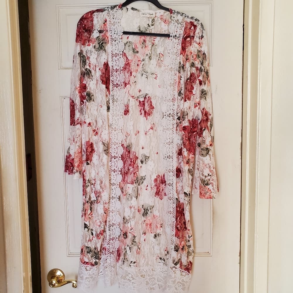 Pink White Floral Kimono - Thumbnail 6