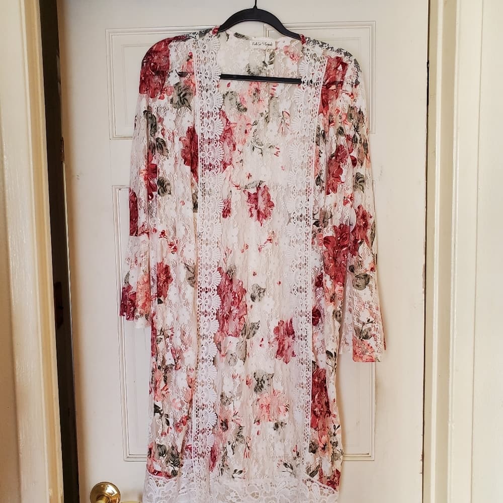 Pink White Floral Kimono - Thumbnail 9